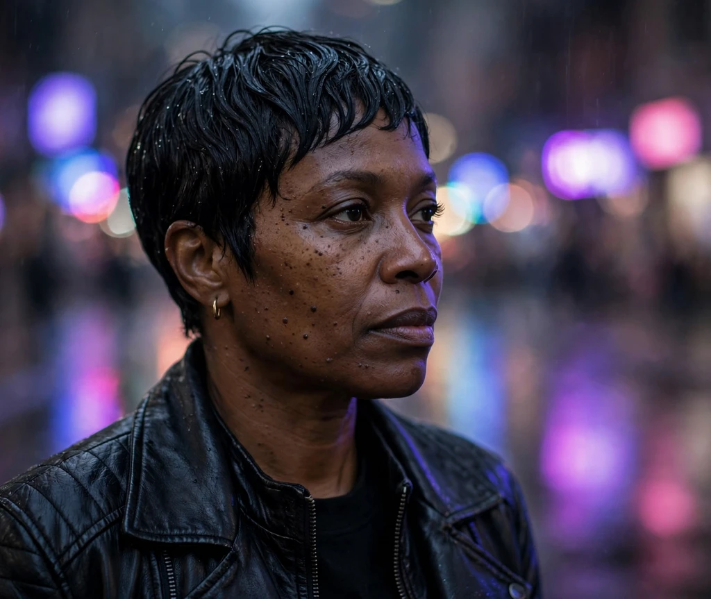 Black woman in her mid-40s with a wet-look sculpted black pixie on a neon-lit city street