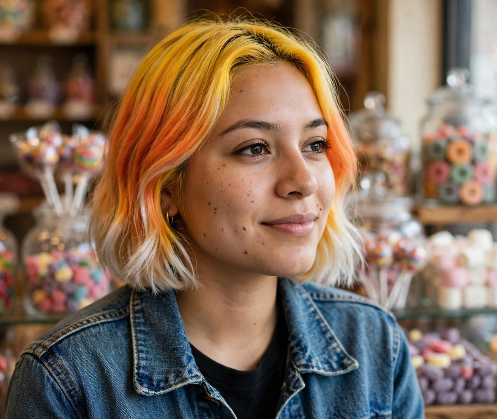 Latina woman in her mid-20s with a candy corn ombre bob in a candy shop