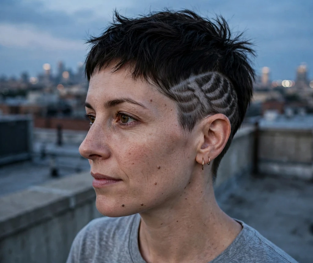 Woman in her early 30s with a dark pixie featuring a shaved skeleton-rib pattern on one side