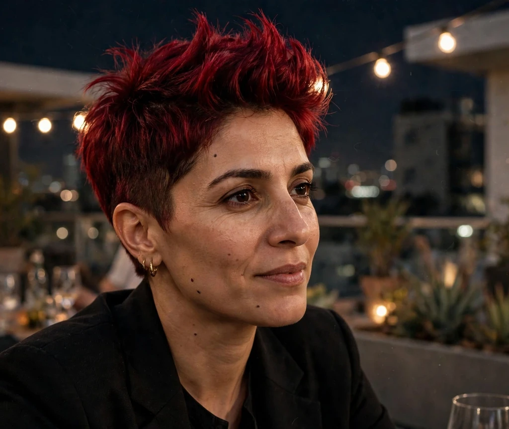 Middle Eastern woman in her mid-30s with a deep red faux hawk pixie at a rooftop party