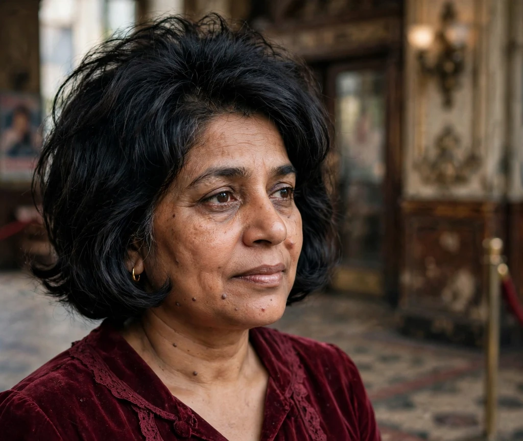 South Asian woman in her early 50s with a voluminous teased black bob in an old theater lobby