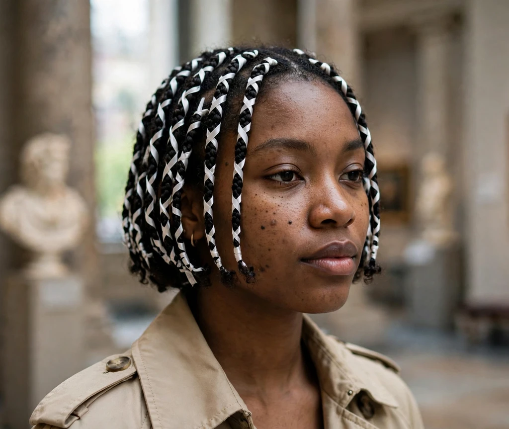 Black woman in her mid-20s with a short bob wrapped with thin white ribbons in a museum hall