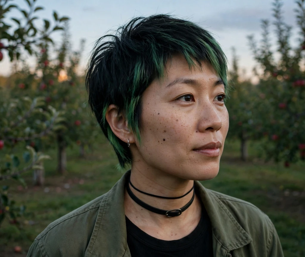 East Asian woman in her early 30s with a black pixie with poison-green tinted tips in an apple orchard