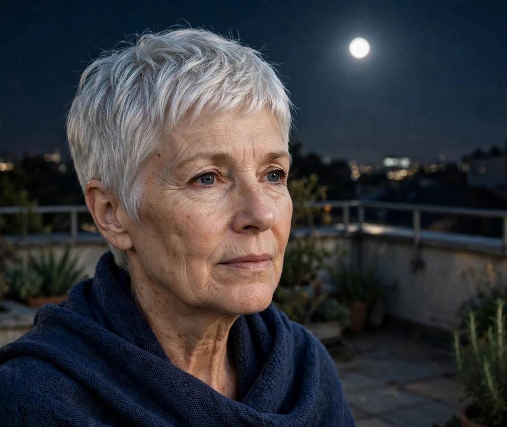 Woman in her mid-60s with a luminous silver pixie on a rooftop terrace under the full moon