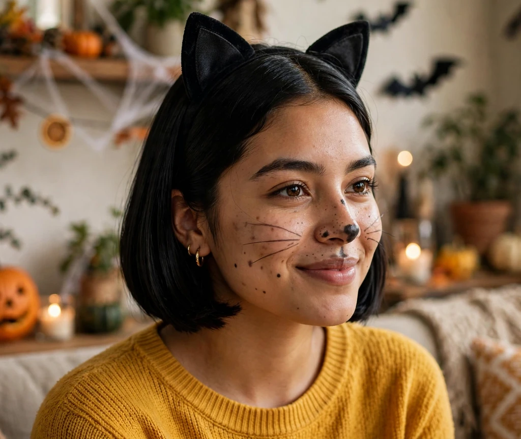 Latina woman in her early 20s with a sleek black bob and cat-ear headband at a Halloween house party