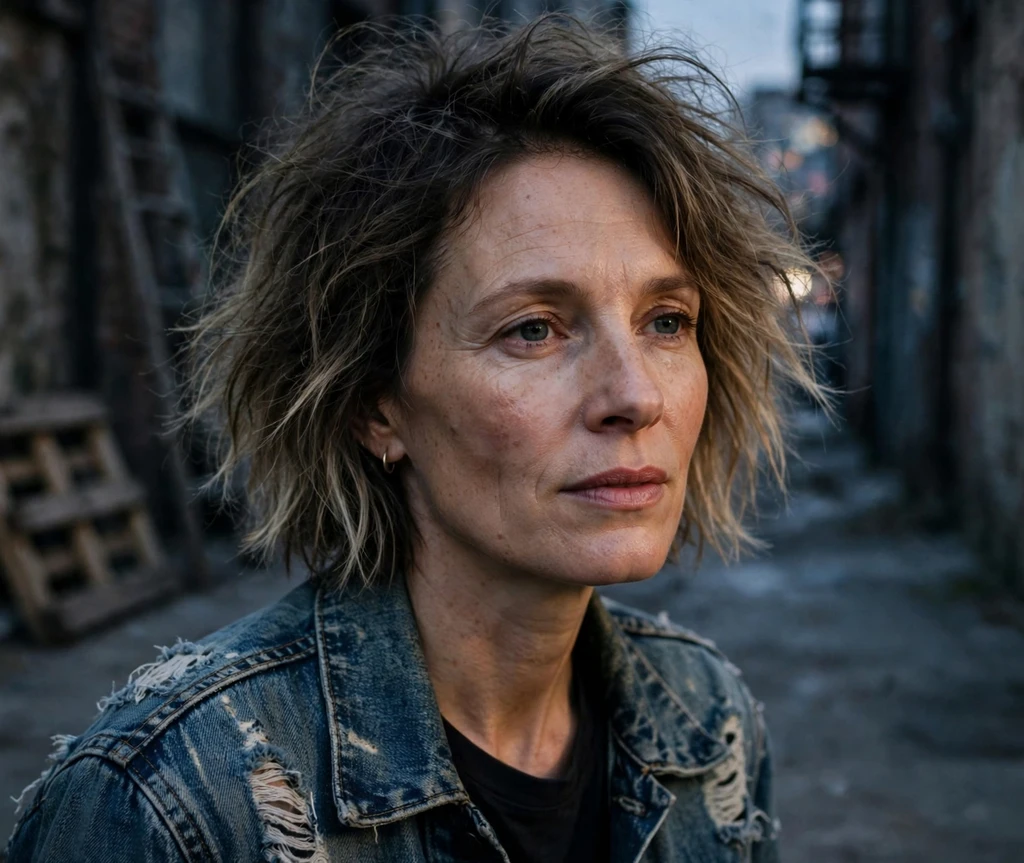 Woman in her mid-40s with a messy undone shaggy bob in a moody alley at dusk