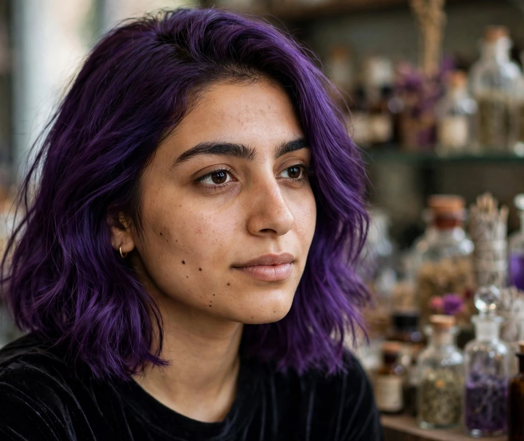 Middle Eastern woman in her mid-20s with a deep violet-purple lob in front of apothecary shelves