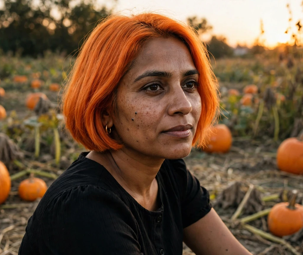 South Asian woman in her mid-30s with a vivid tangerine-orange bob at a pumpkin patch at sunset