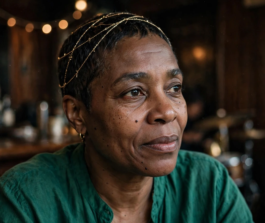 Black woman in her early 50s with a close-cropped pixie draped with delicate gold hair chains in a jazz club