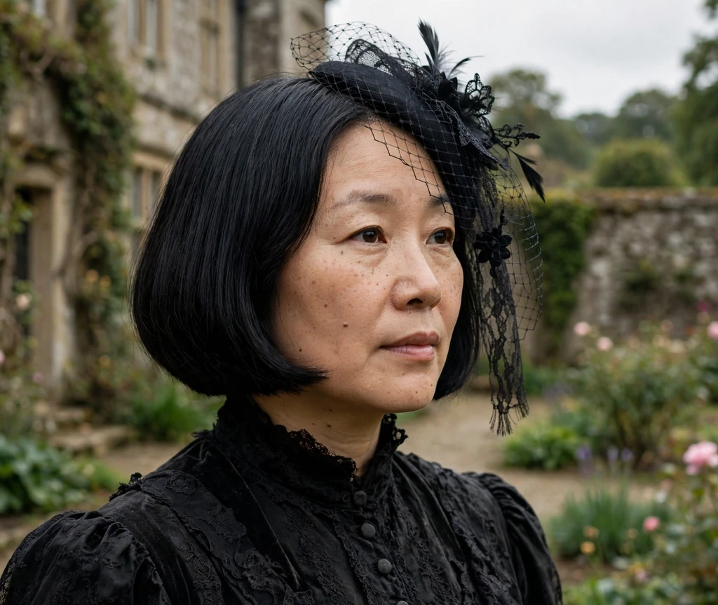 East Asian woman in her mid-40s with a smooth black bob and black lace veil fascinator in a manor garden