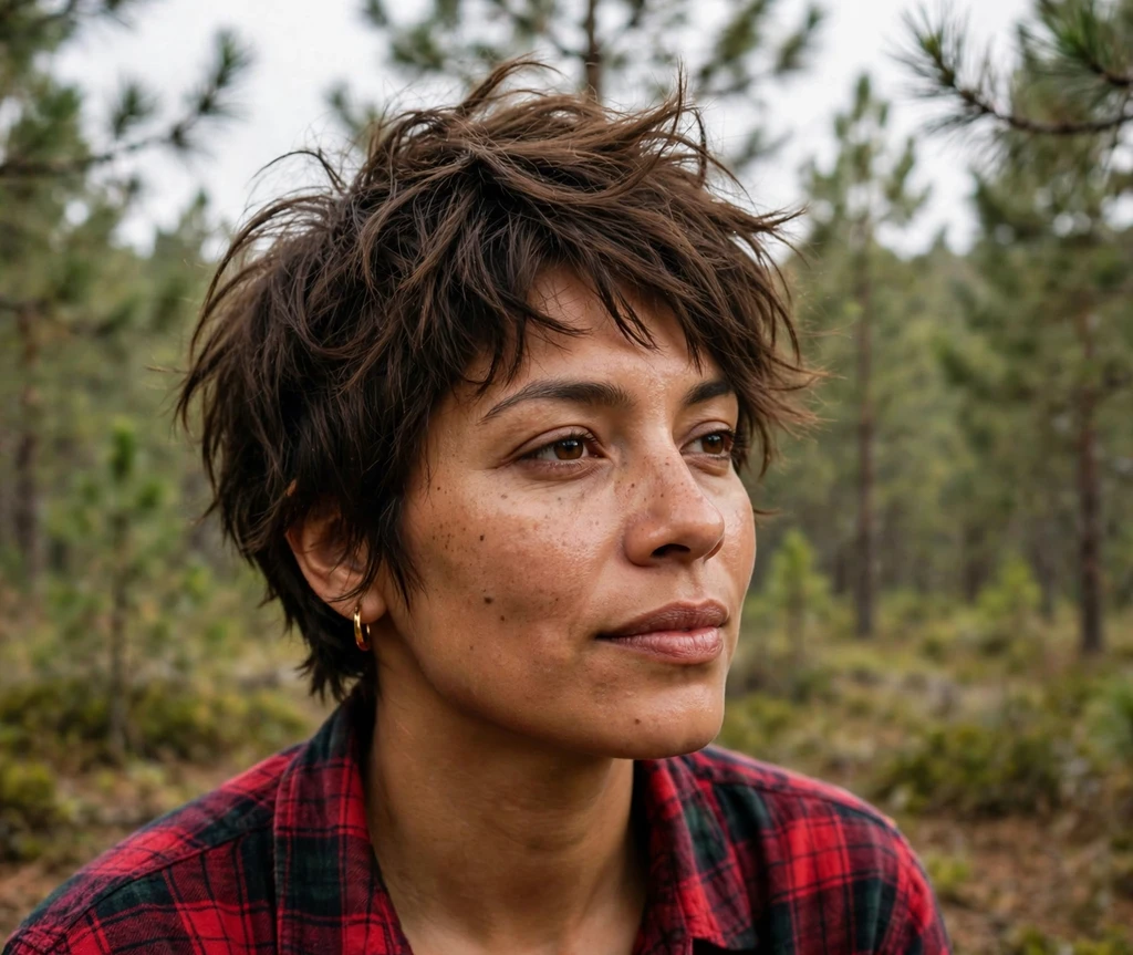 Latina woman in her early 30s with a wild tousled brown pixie in a pine forest