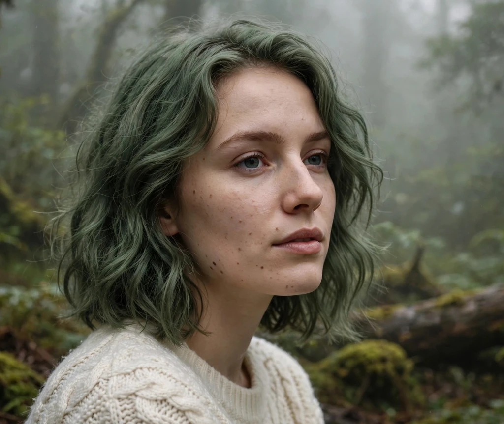 Woman in her mid-20s with a muted moss-green wavy lob in misty woods