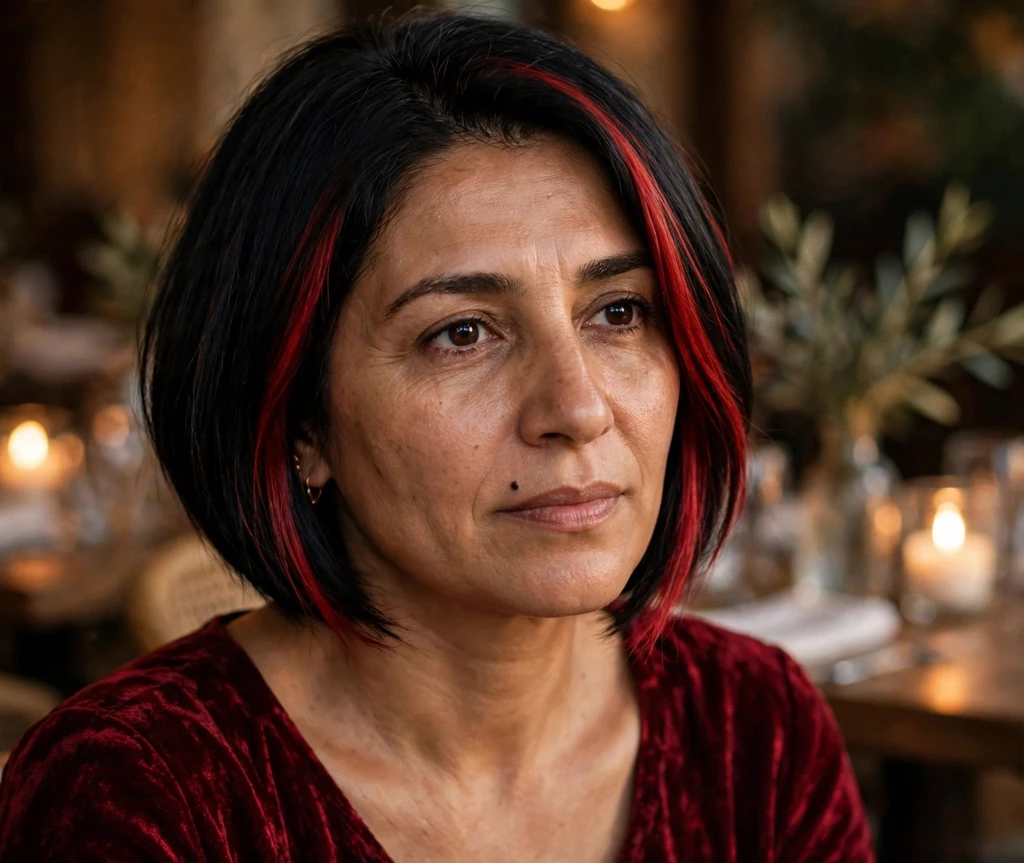 Middle Eastern woman in her mid-40s with a black angled bob with crimson streaks in a candlelit restaurant
