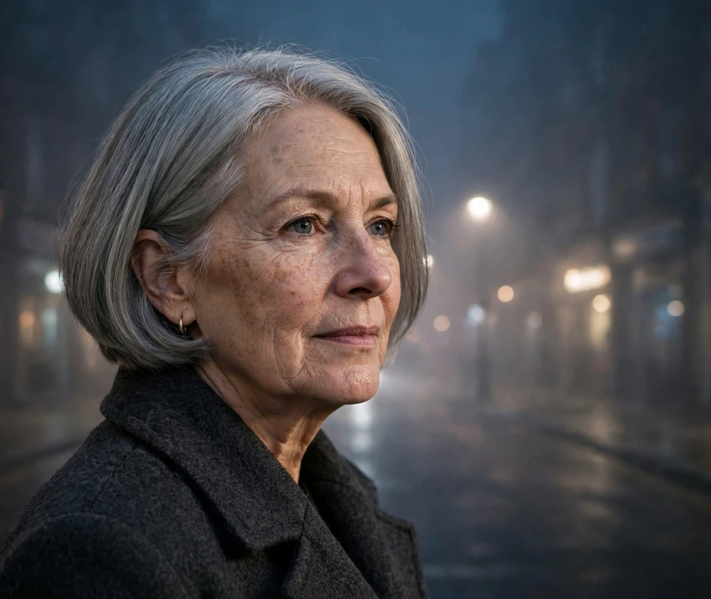 Woman in her mid-60s with a sleek gray graduated bob on a foggy street at night