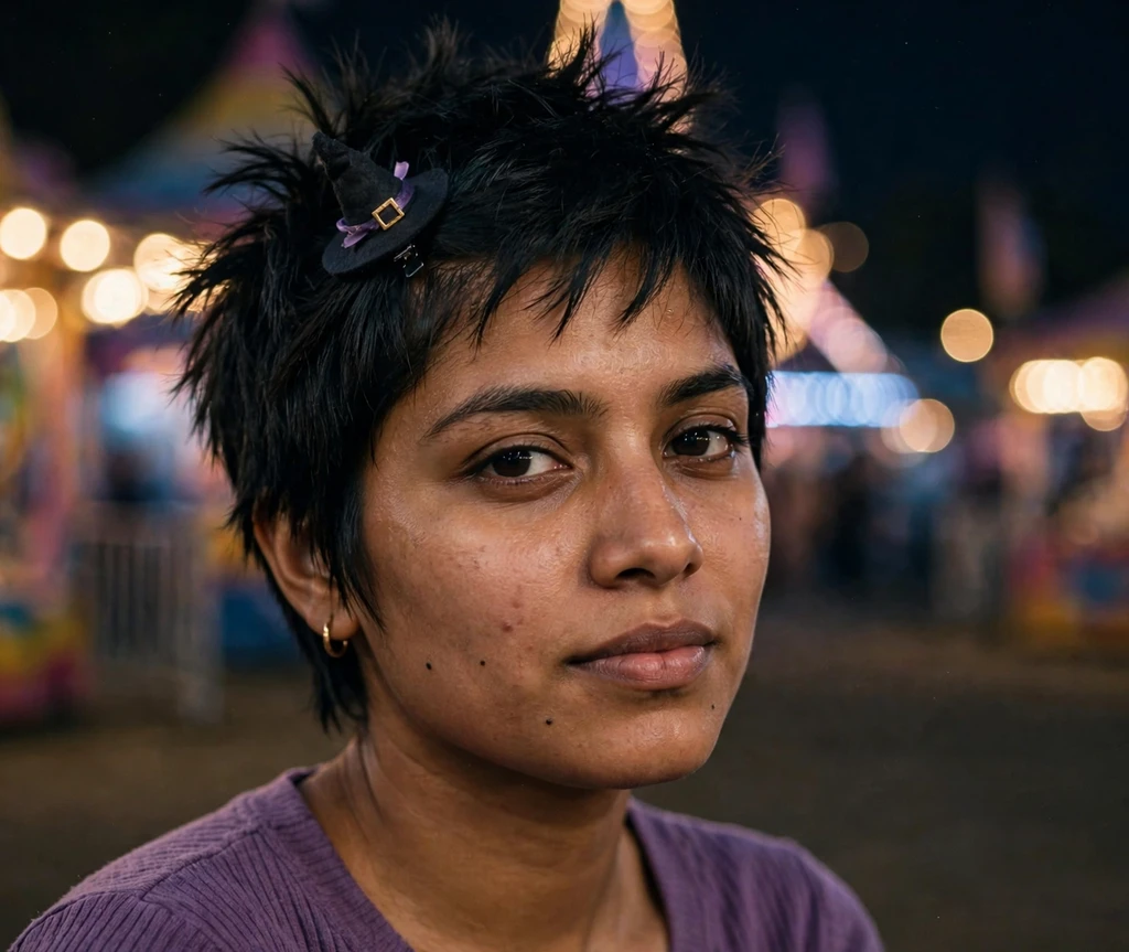 South Asian woman in her mid-20s with a spiky black pixie and tiny witch-hat hair clip at a night carnival