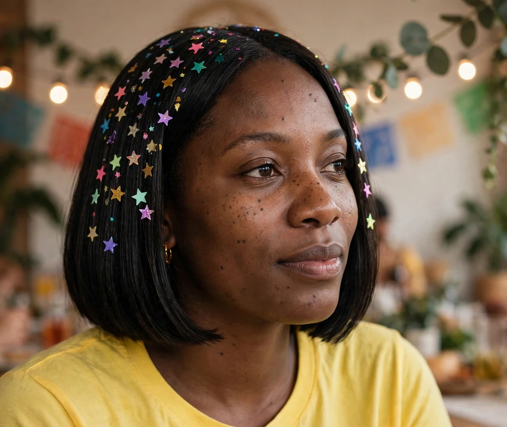 Black woman in her early 30s with a sleek bob decorated with colorful star confetti clips at an indoor party