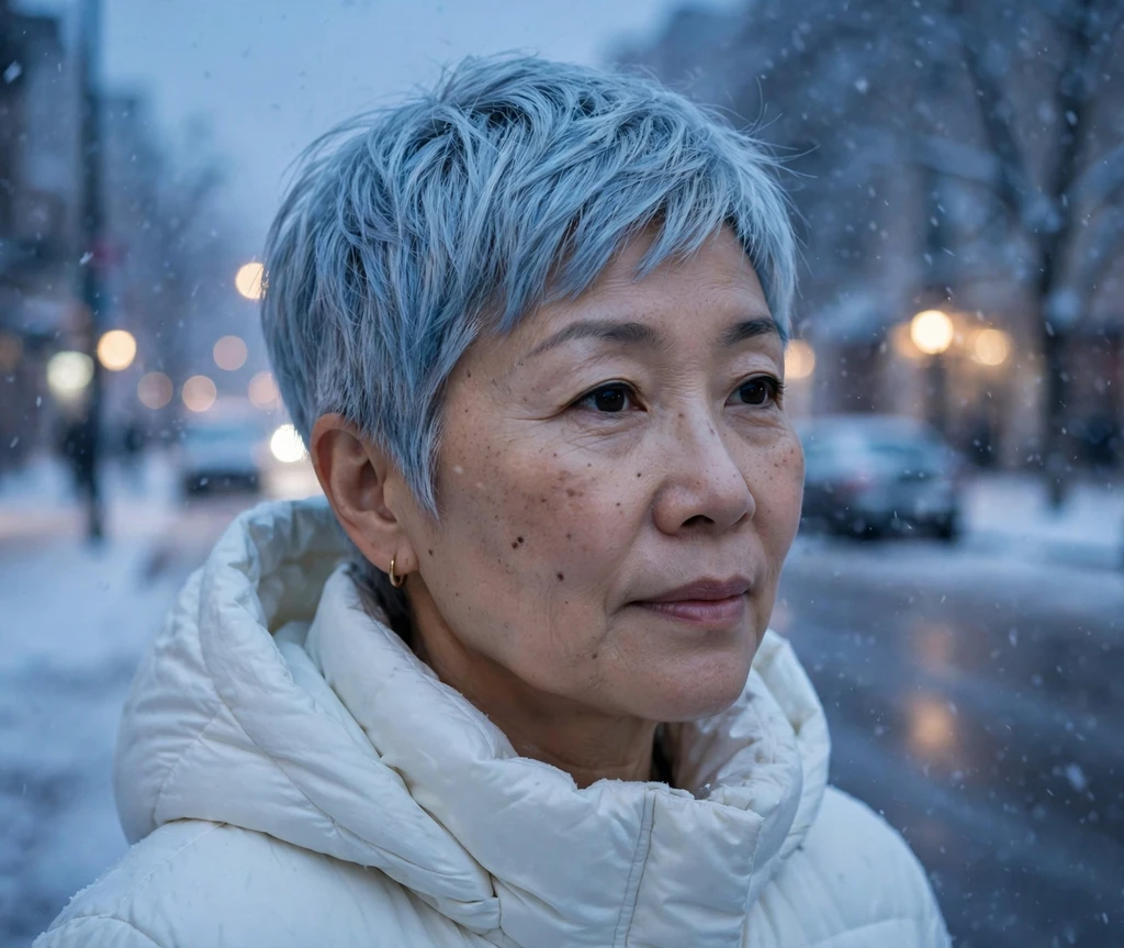 East Asian woman in her early 50s with an icy silver-blue pixie on a snowy evening street