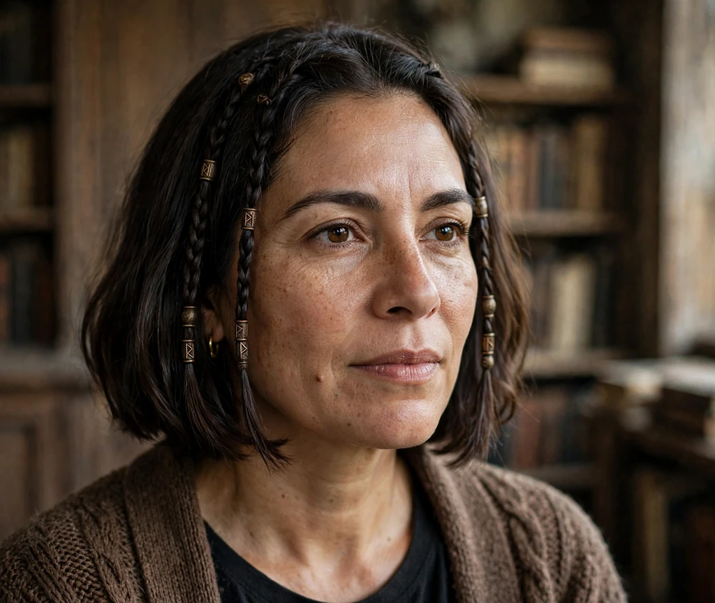Latina woman in her mid-40s with a dark brown bob with bronze rune beads in thin braids in an old library