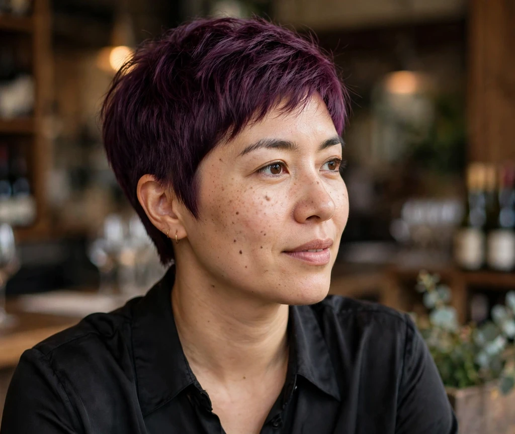 Woman in her early 30s with a deep plum-purple pixie in a wine bar