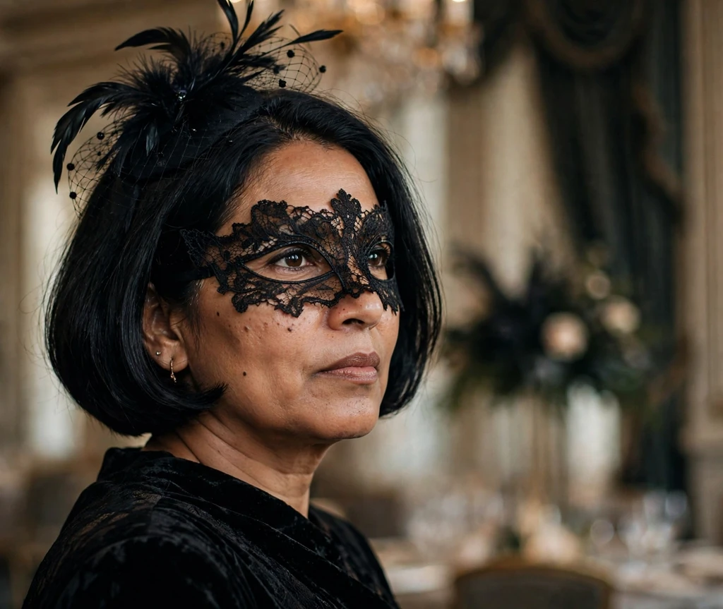 South Asian woman in her mid-40s with an elegant black bob, feather fascinator and lace mask at a ballroom