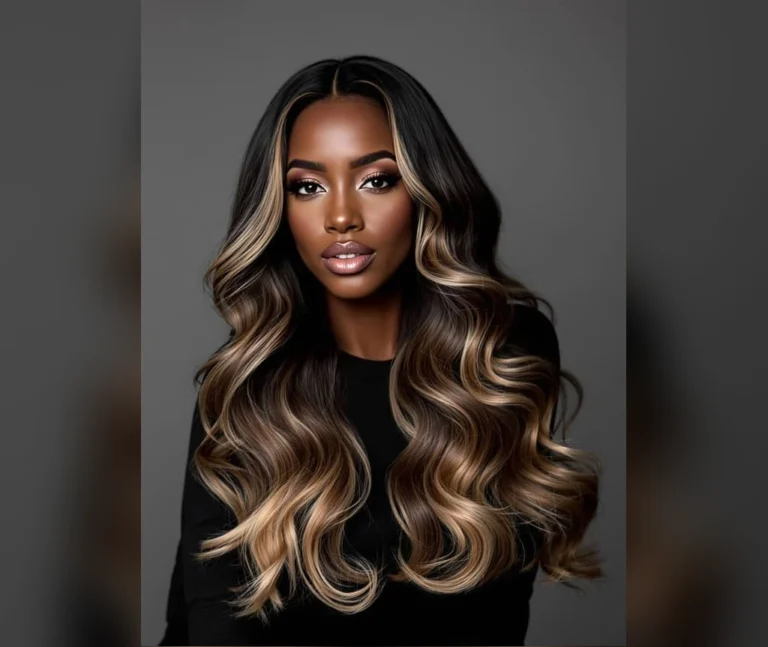 Black woman with long honey brown balayage waves in a sunlit garden