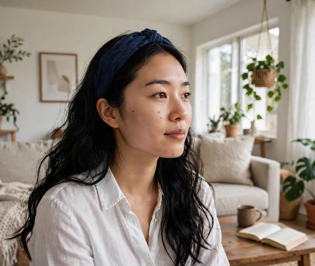 Woman with a classic navy fabric headband and long loose waves
