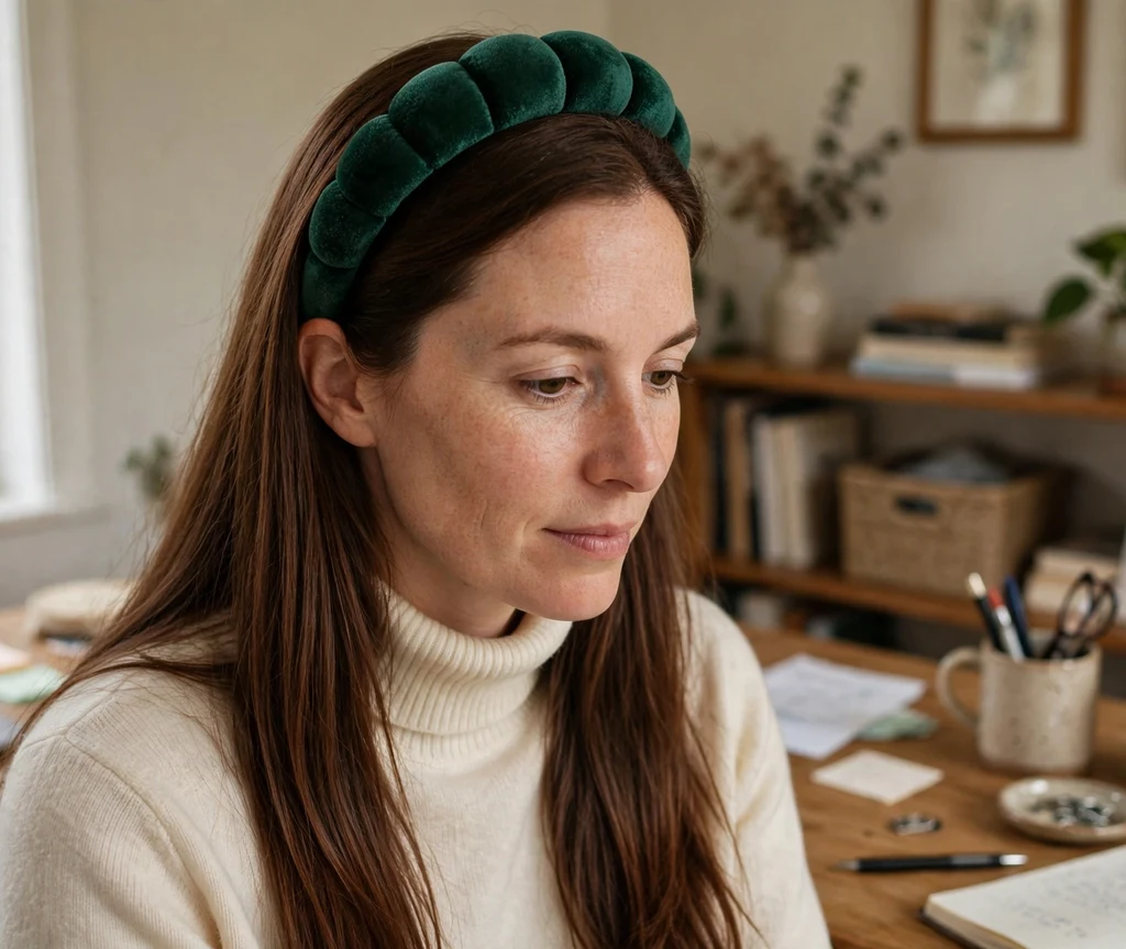 Woman wearing a padded emerald velvet headband on straight long hair