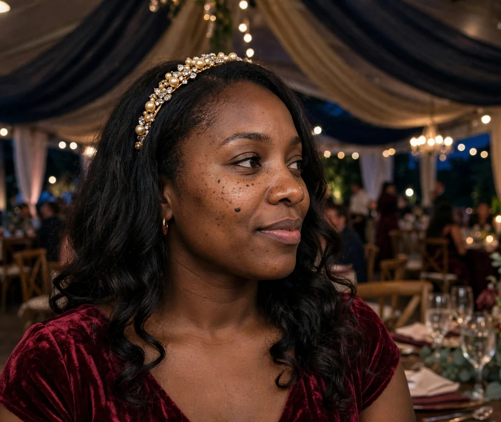 Woman with a jeweled headband and long soft curls
