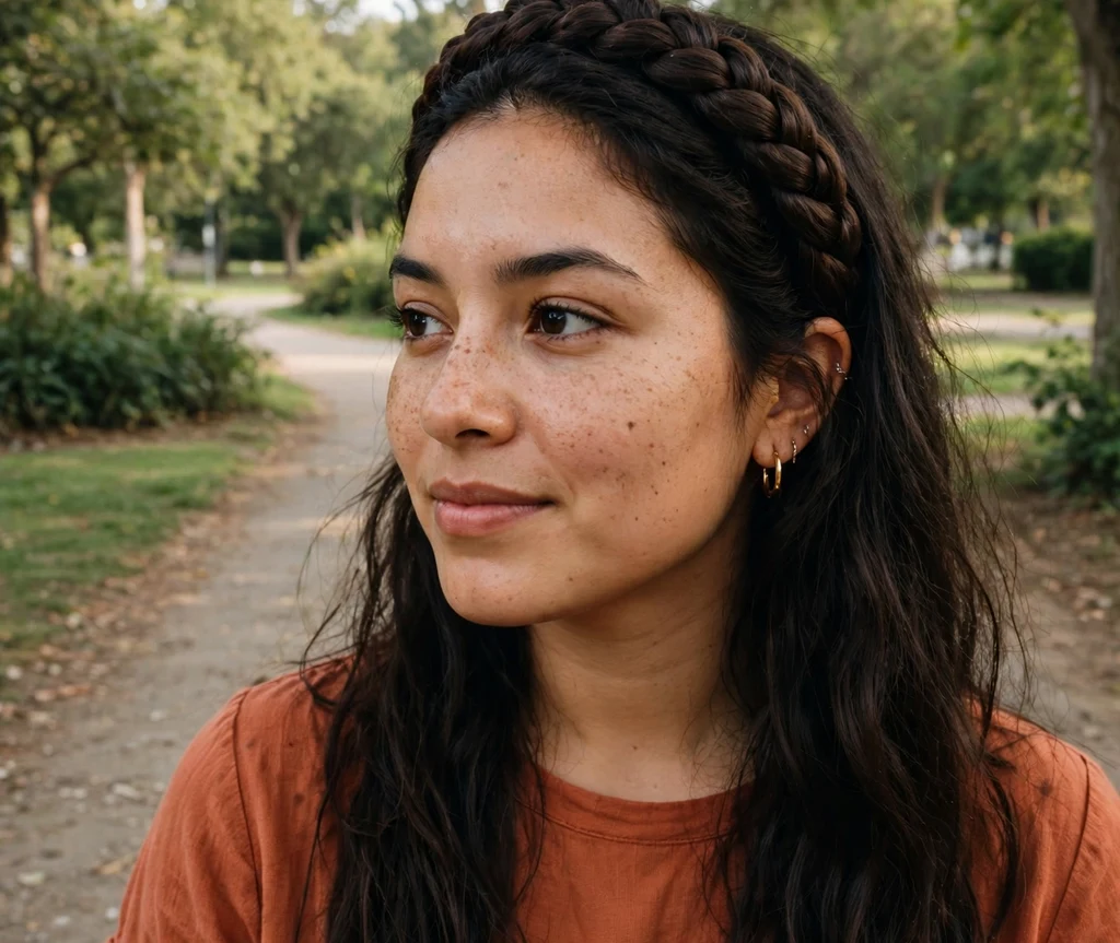 Woman wearing a braided faux-hair headband crown