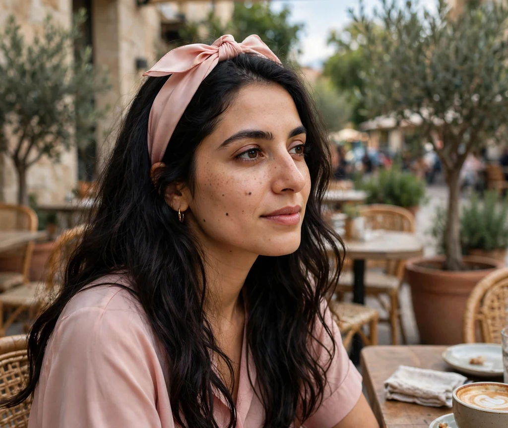 Woman with a silk scarf headband tied in a bow