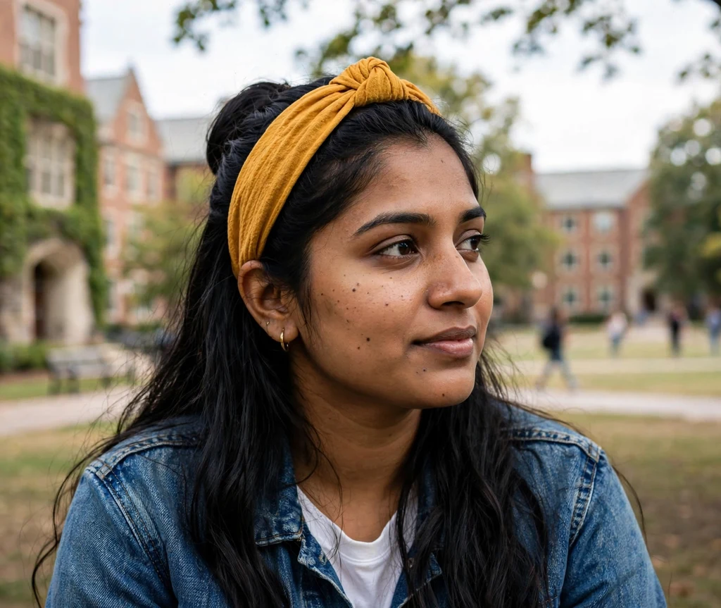Woman wearing a wide knotted mustard headband with half-up hair