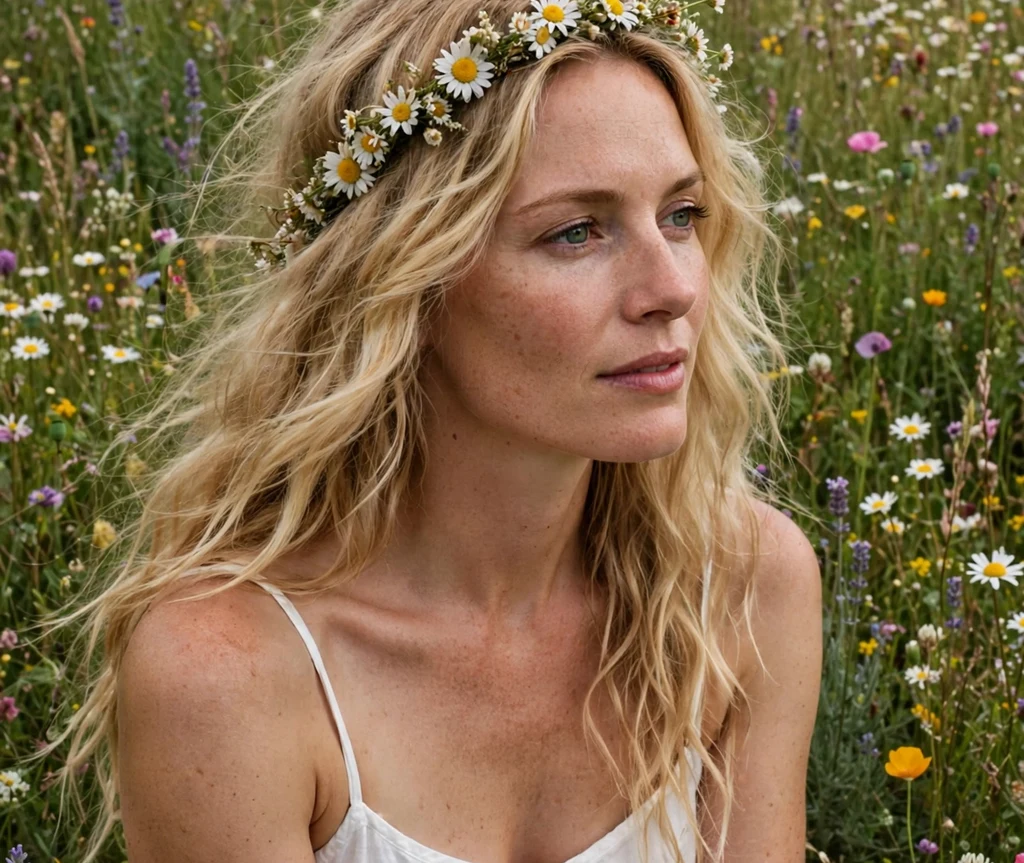 Woman wearing a daisy floral headband with long boho waves