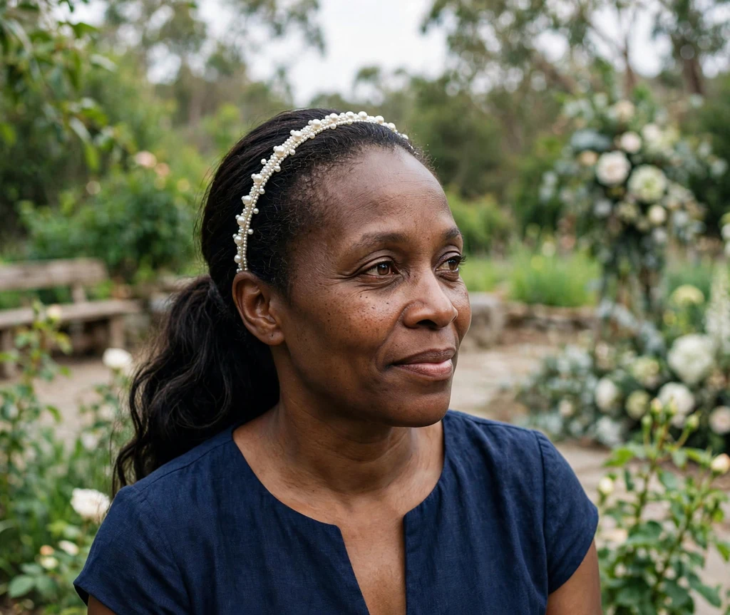 Woman with a pearl-studded headband and low ponytail