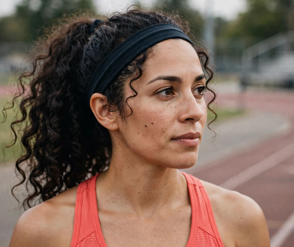 Woman wearing a sporty elastic headband with a high ponytail