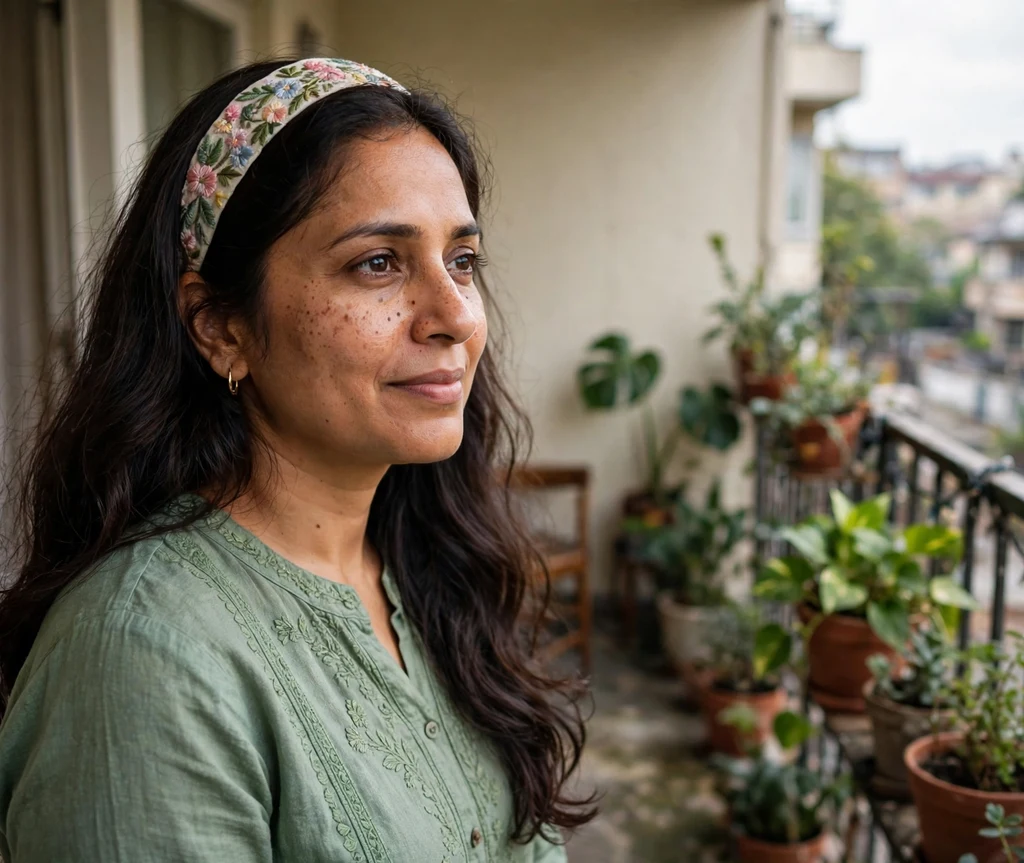 Woman with an embroidered floral headband and side-swept hair