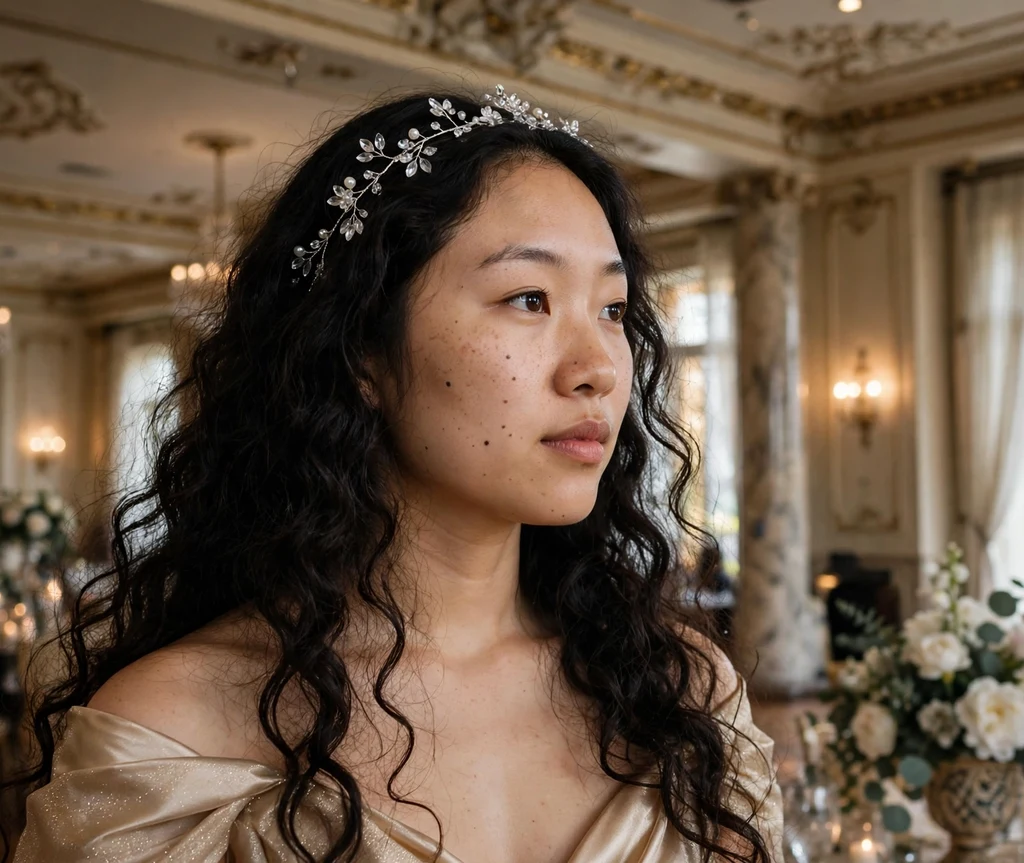 Woman wearing a crystal tiara headband with cascading curls