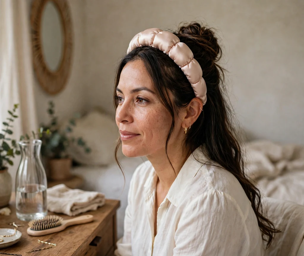 Woman with a satin padded headband and a half-up bun