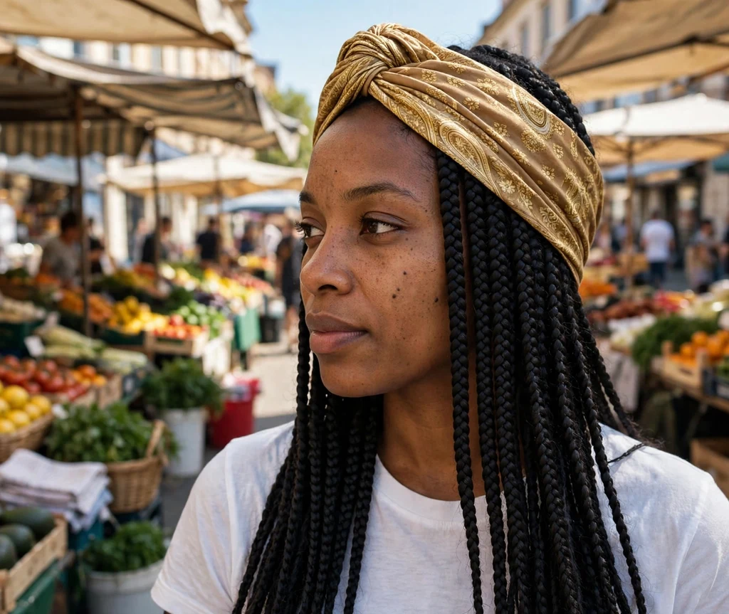 Woman wearing a twisted turban headband with long box braids