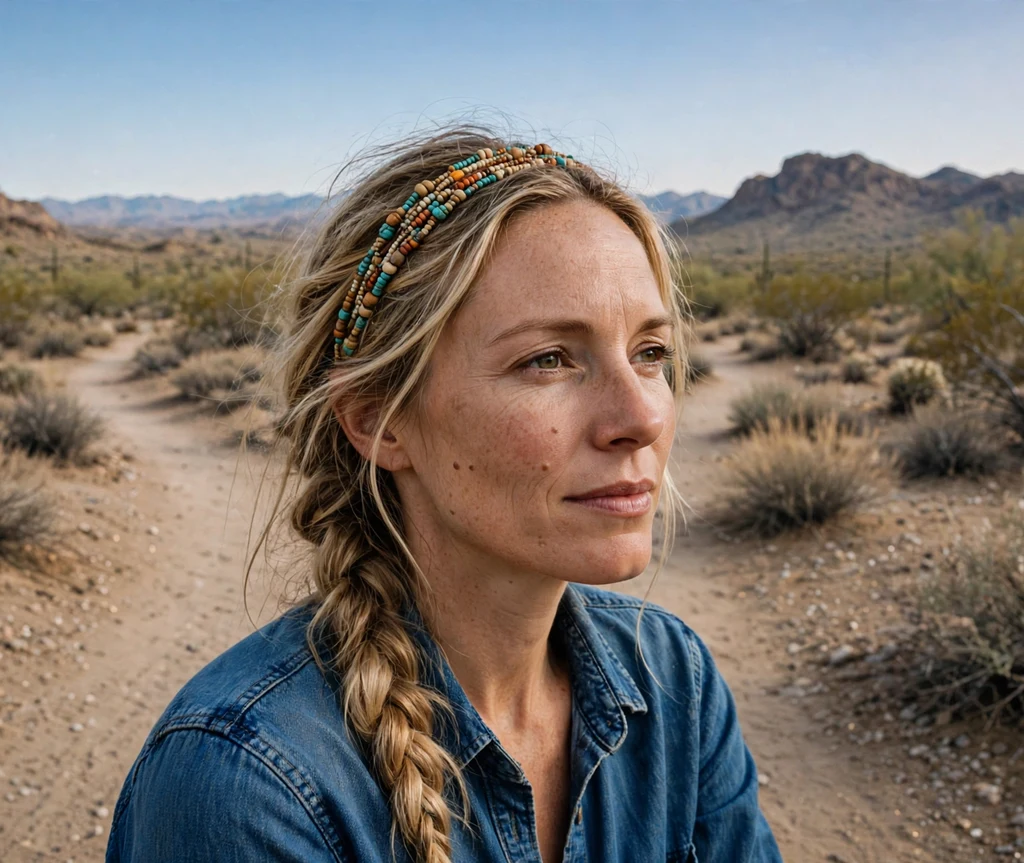 Woman with a beaded bohemian headband and loose fishtail braid
