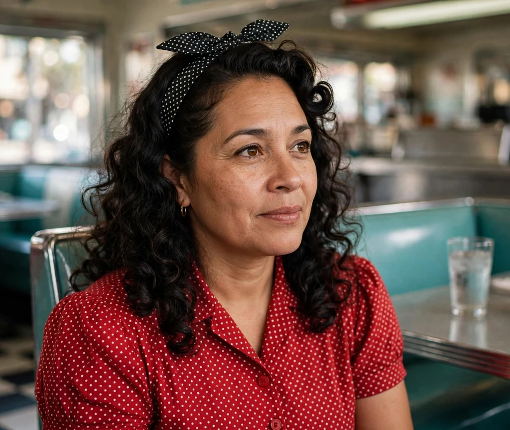 Woman with a polka-dot bow headband and retro curls