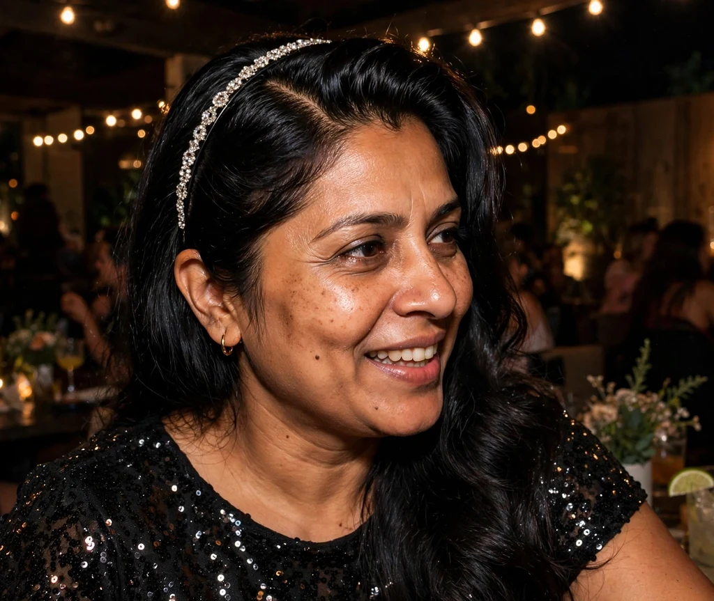 Woman wearing a rhinestone headband with a glam side part
