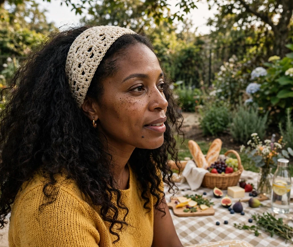 Woman with a crochet headband and natural long curls