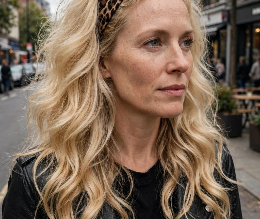 Woman wearing a leopard-print headband with a voluminous blowout