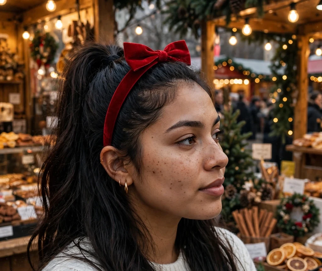 Woman wearing a velvet bow headband with a high half ponytail