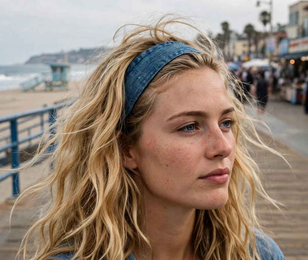 Woman with a denim headband and beachy waves
