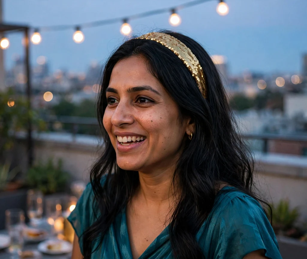 Woman wearing a gold sequin party headband with long glossy hair