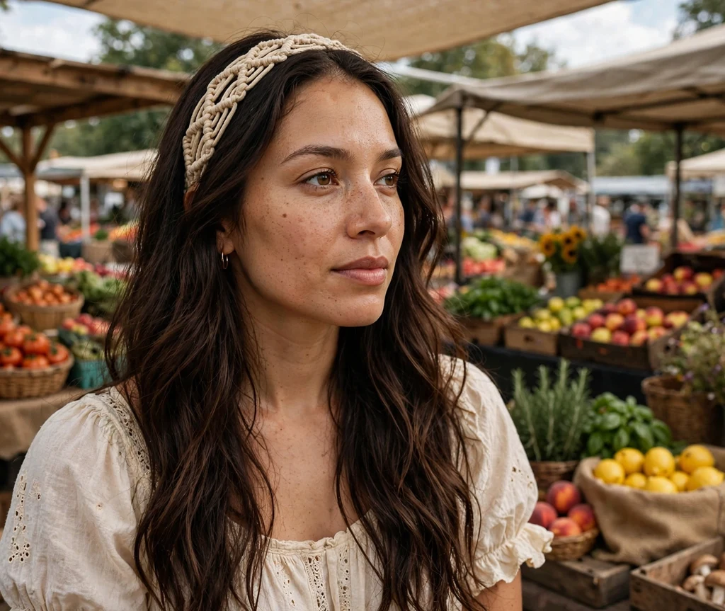 Woman with a macrame headband and layered long hair