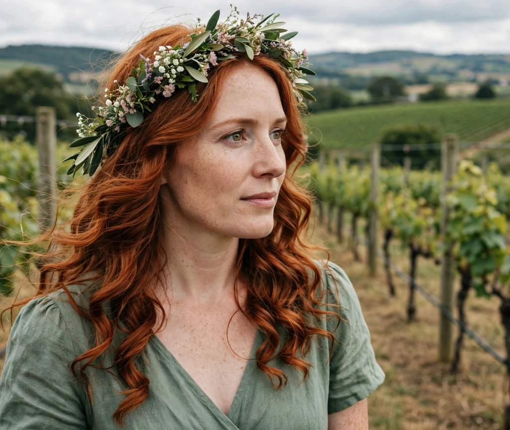 Woman with a floral crown headband and romantic loose curls