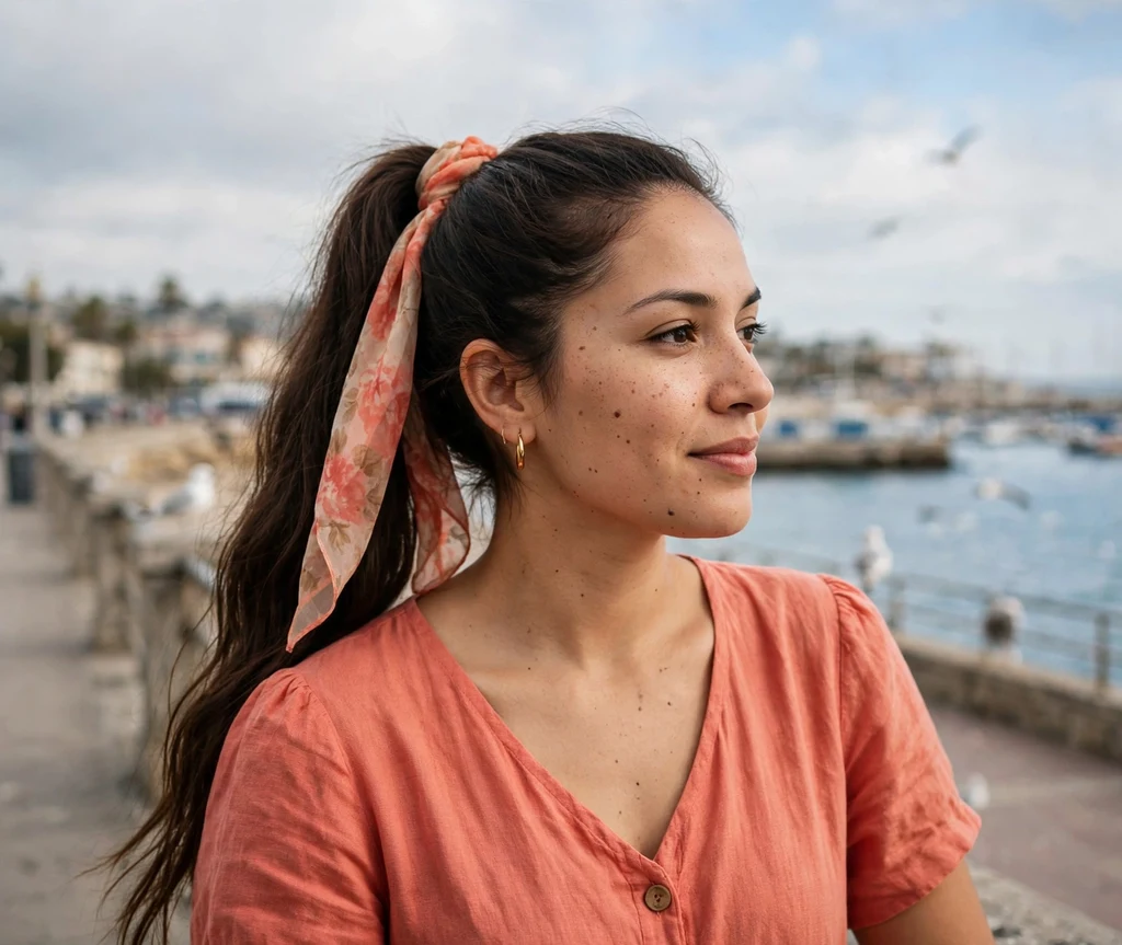 Woman with a chiffon headband scarf tied under a ponytail