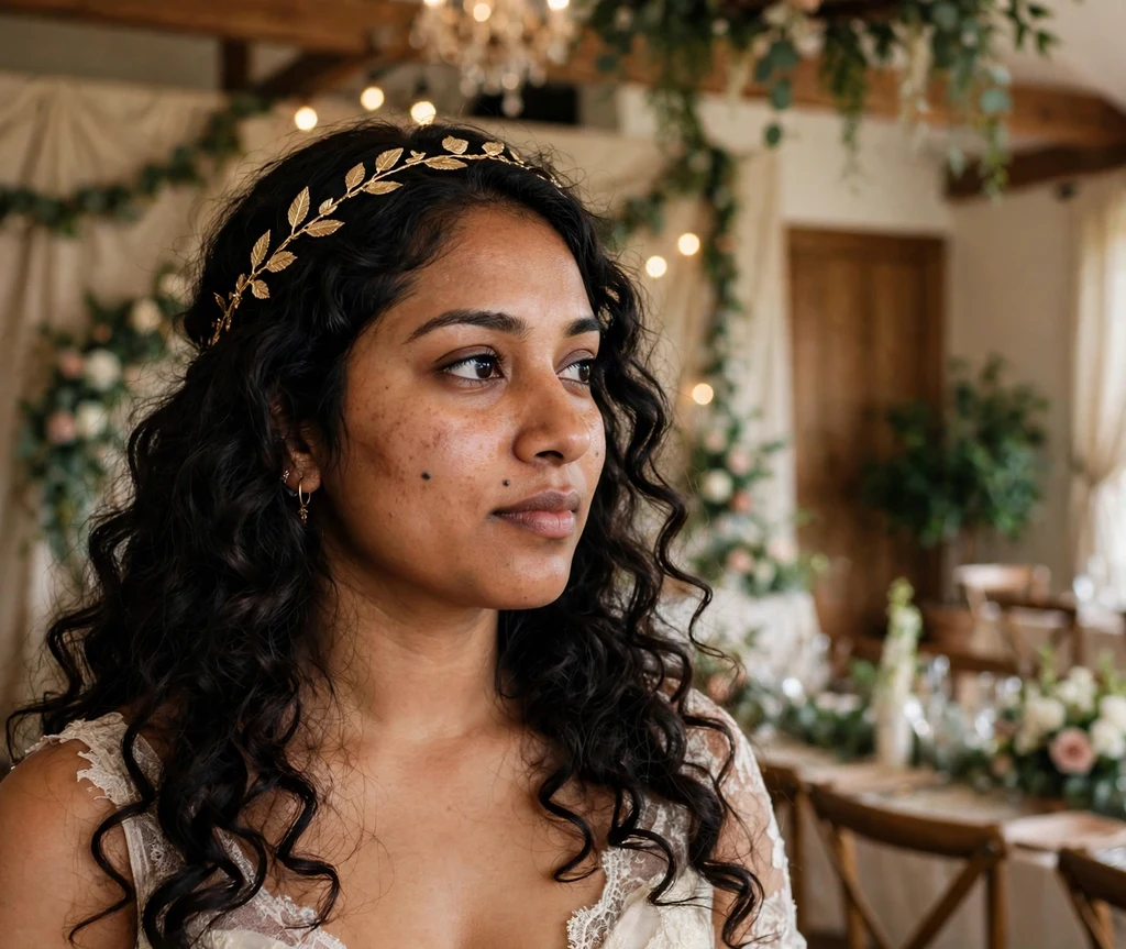 Woman wearing a gold leaf headband with bridal long curls